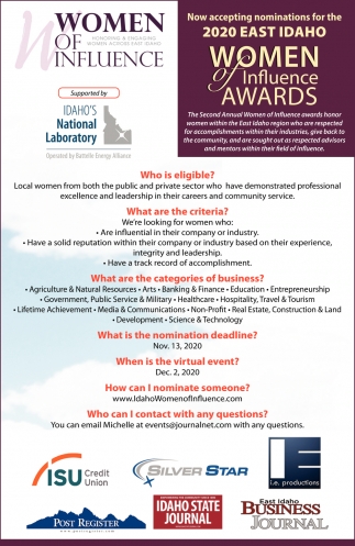 Now Accepting Nominations, 2020 East Idaho Women Of Influence Awards